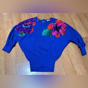 Vintage Anthony Sicari Floral Knit Sweater Womens 6 Blue Multicolor Flowers